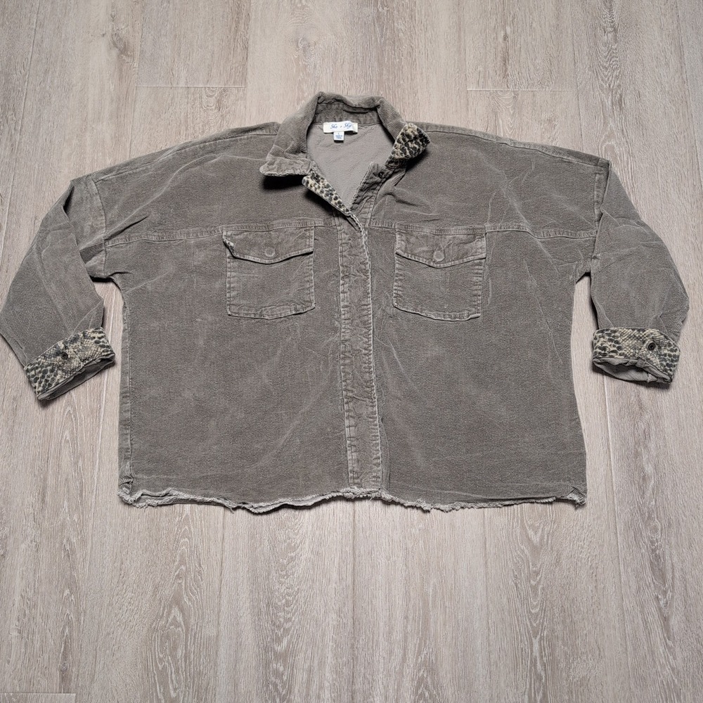 She + Sky Corduroy Animal Print Lined Oversized Boxy Shirt Jacket Womens L Taupe